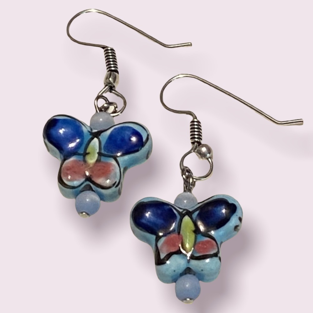Hand Crafted Butterfly Earrings Porcelain Long Dangle Blue Pink Pierced